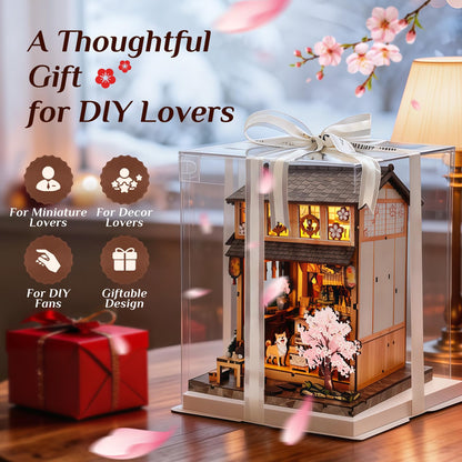 Reenovan Book Nook Kit, DIY Miniature House Kit for Adults & Teens, Japanese Street Shop Scene Bookshelf Insert Decor with LED, 3D Wooden Puzzle Gift for Book Lovers (Sakura Street Shop)
