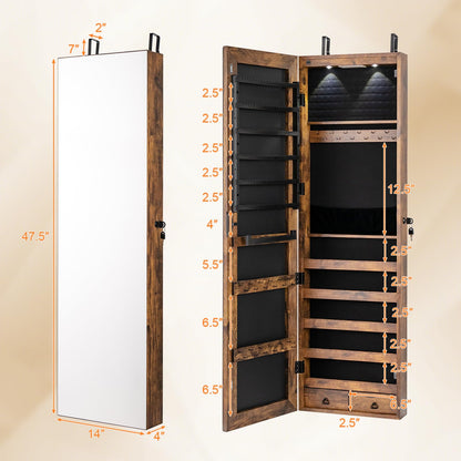 NAFORT 2 LEDs Full Length Mirror with Jewelry Armoire, Jewelry Organizers and Storage with 2 Mounting Options, 47.5”H Jewelry Cabinet with 2 Drawers, Make up & Lockable Jewelry Box, Rustic Brown