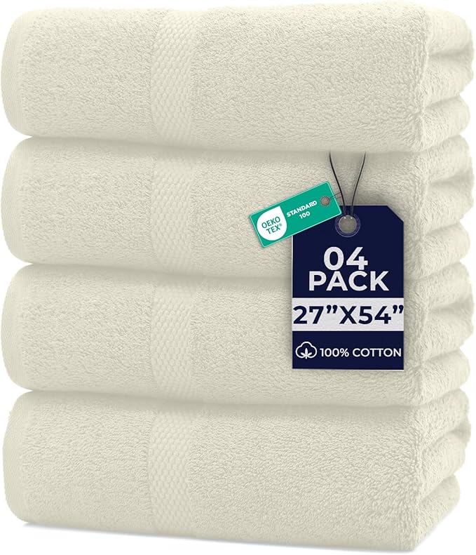 DAN RIVER Bath Towels Set of 4, 27 x 54 Inches, 100% Cotton, Larger & Lighter