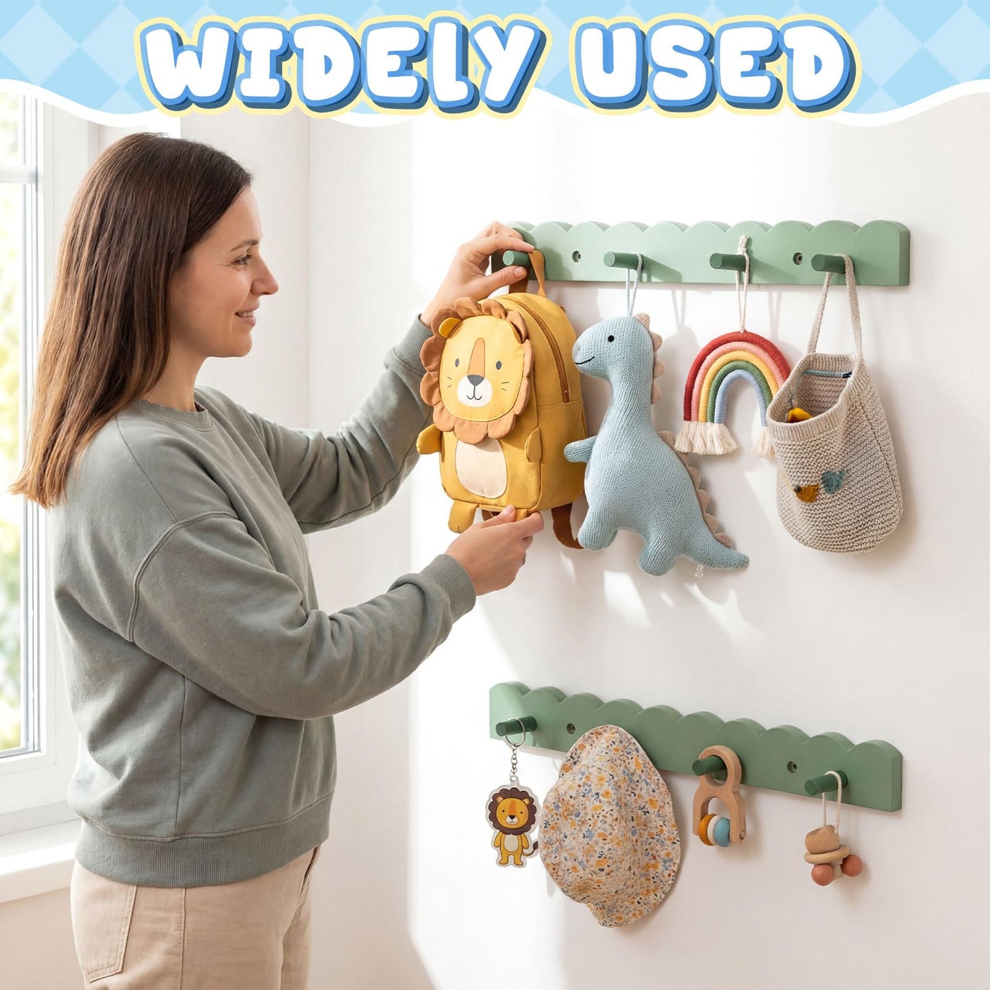 Leinuosen 2 Pack Scalloped Coat Rack Wall Mount Cute Nursery Wall Hook 16 Inch 8 Hooks Wooden Backpack Hanger for Toddler Kids Clothes Hat Towel Keys Bathroom Classroom Playroom Nursery Decor
