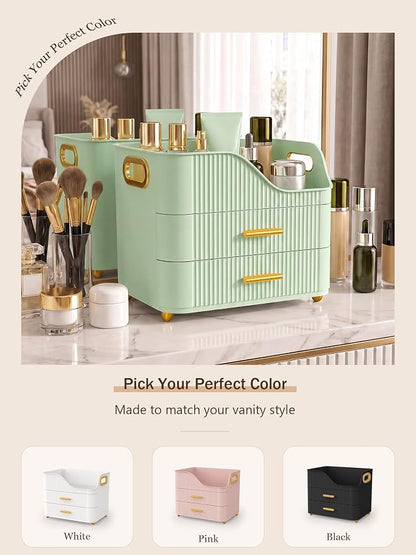 Booklov Countertop Makeup Organizer with Drawers, 3 Tier Large Cosmetic Storage Box for Vanity, Bathroom Counter, Dresser, Skincare Display Case for Lipsticks, Beauty Palettes, Teen Girl Gifts, Green
