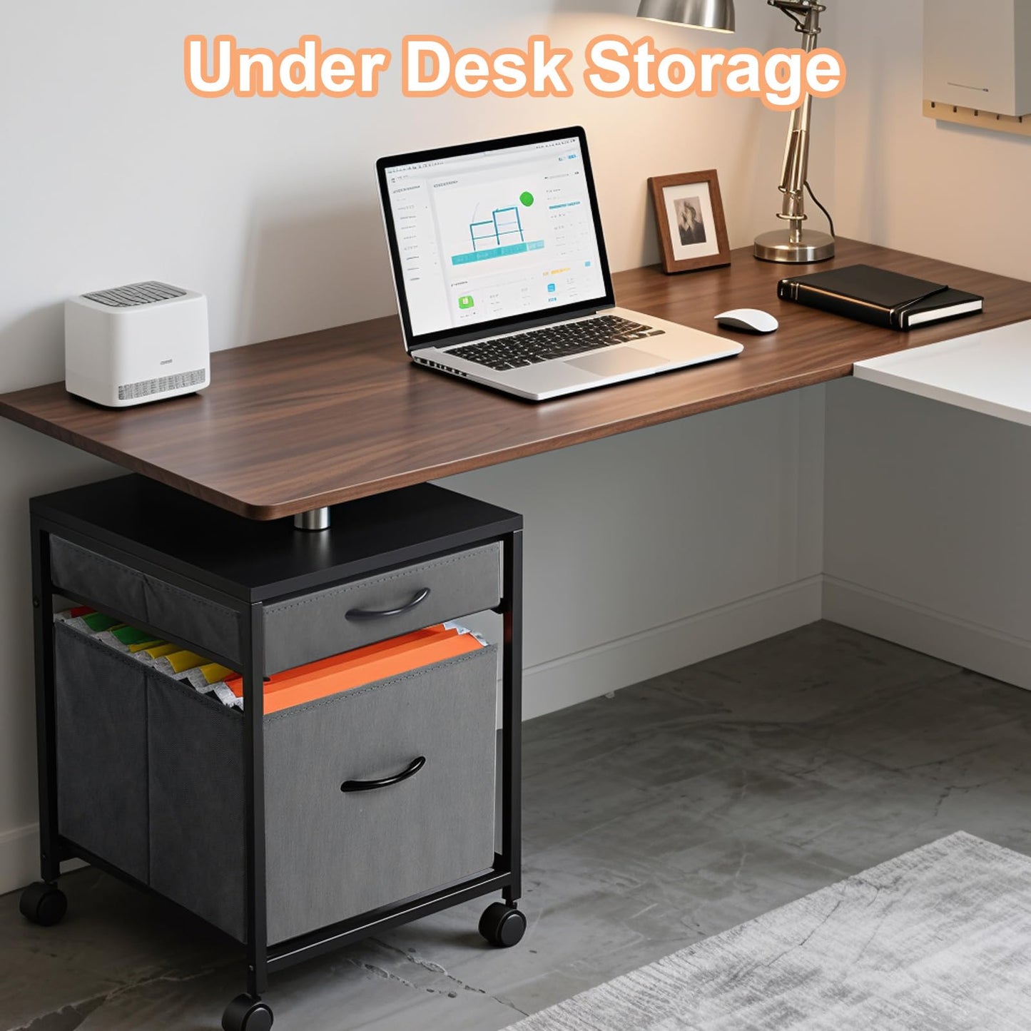 AceOrbit Printer Stand Rolling Mobile File Cabinet Cart with 2 Fabric Drawers A4 Letter Size Beside, Vertical Filing Cabinet on Lockable Wheel with Storage Under Desk for Home Office(Gray)