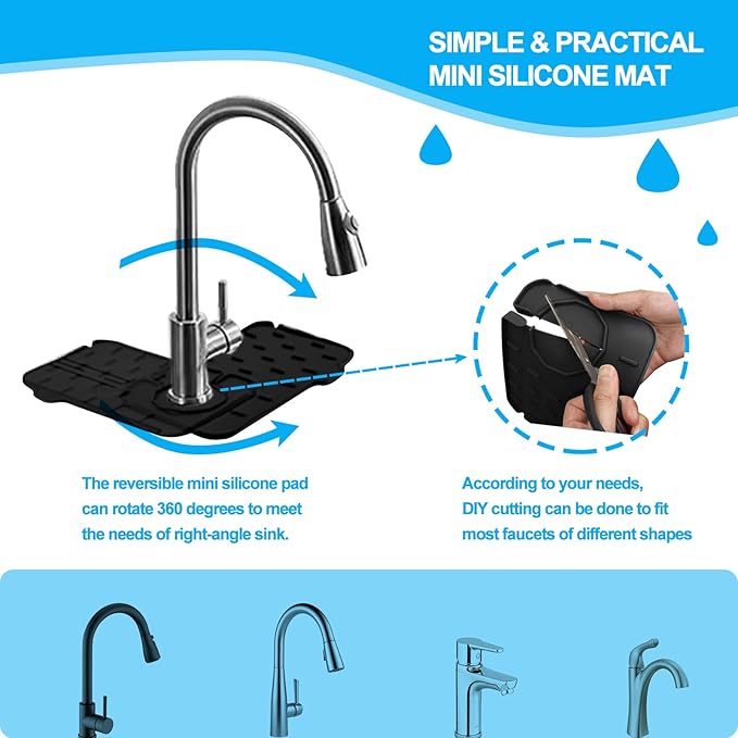 2 Pieces Black Faucet Guard & Draining Mat 8.3" Mini Splash Guard Faucet Handle