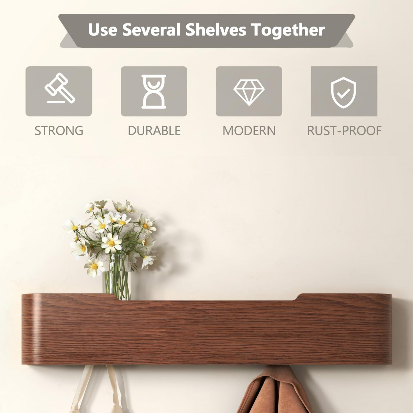 VERASCOT Wall Mounted Coat Rack with Shelf, Wooden Entryway Organizer with Hidden Metal Hooks for Hanging Coats Bags Keys, Modern Floating Shelf for Hallway Bathroom