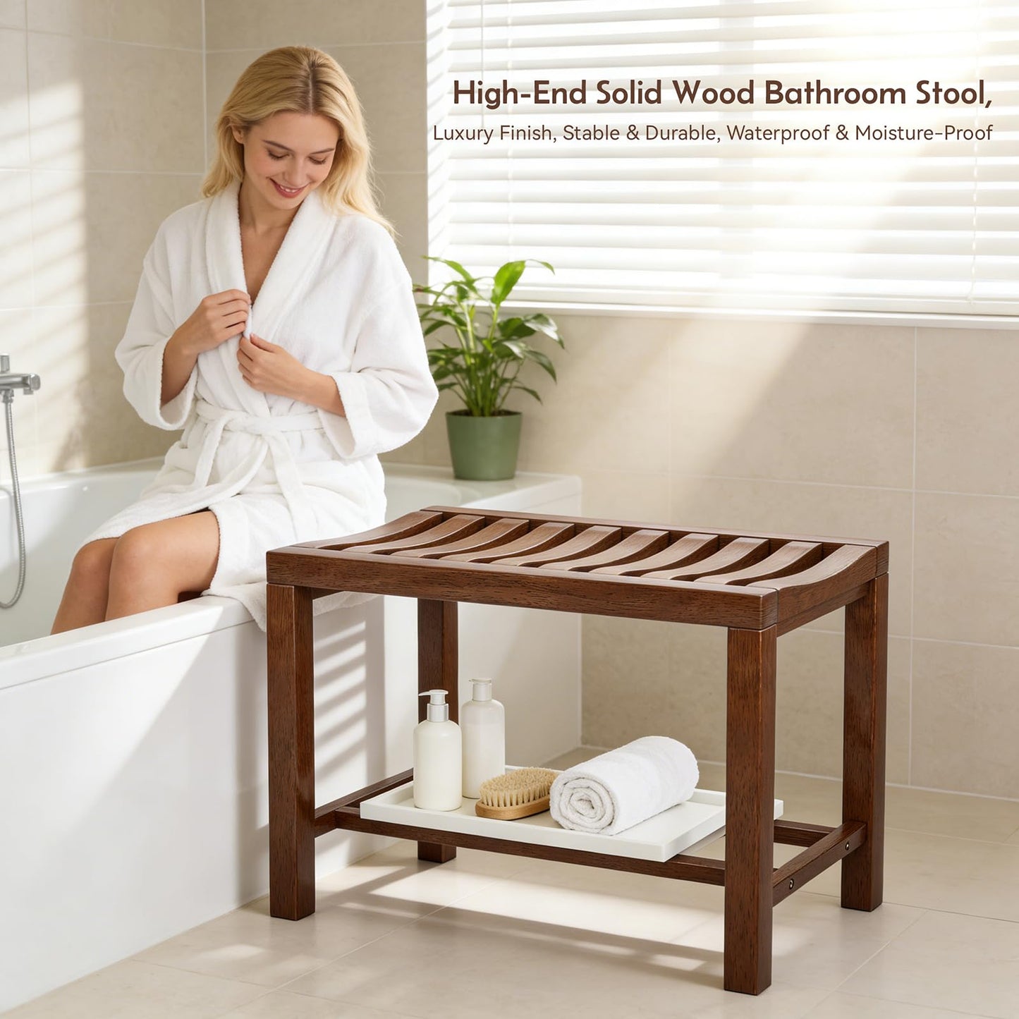 Azlafu Rubber Wood Shower Bench, Non-Slip Waterproof Wooden Shower Stool for Adults & Elderly, Sturdy Bath Seat for Inside Shower or Tub – 24.02" D x 14.96" H x 6.3" W