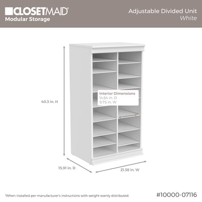 ClosetMaid Modular Adjustable Divided Storage Shelving Unit Organizer, 15.94-Inch D x 40.3-Inch H x 21.38-Inch W, White