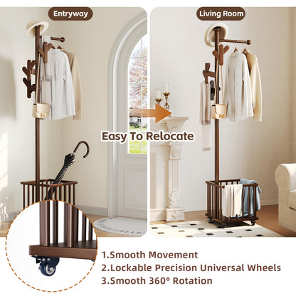 Cactus Freestanding Wooden Coat Rack with Storage Basket,Walnut Coat Rack with Hooks and Wheels,Space-Saving Entryway Organizer for Hanging Clothes,Bags and Storing Towels,Bedroom, Living Room