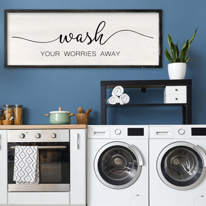RLWangChao Farmhouse Laundry Room Wall Decor Wash Your Worries Away Sign 32×12 Inch Bathroom Inspirational Quote for Shower Room above the Bathtub Wooden Framed Minimalist Wall Hanging Art (Black)