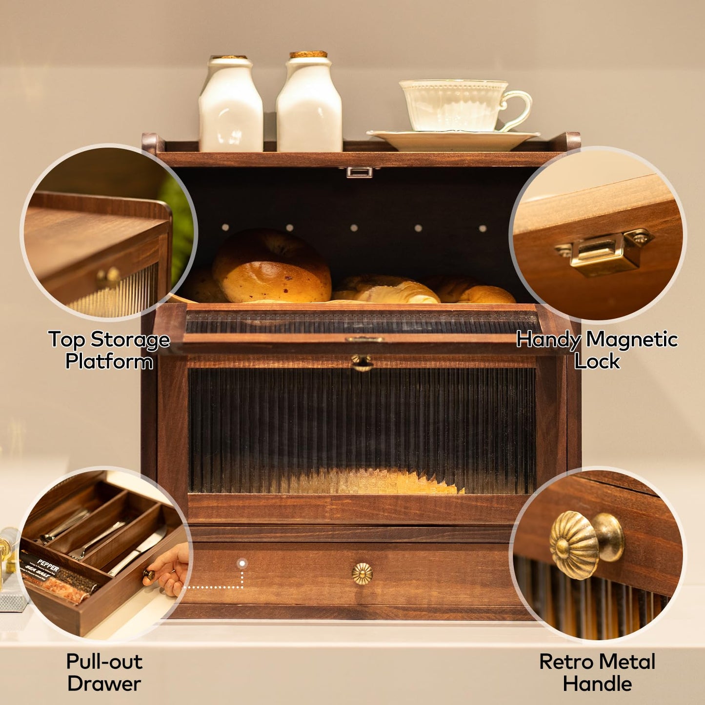 CheerNest Solid Wood Bread Box and 3 Tier Coffee Bar Rack for Kitchen Countertop, Brown