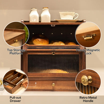 CheerNest Solid Wood Bread Box and 3 Tier Coffee Bar Rack for Kitchen Countertop, Brown
