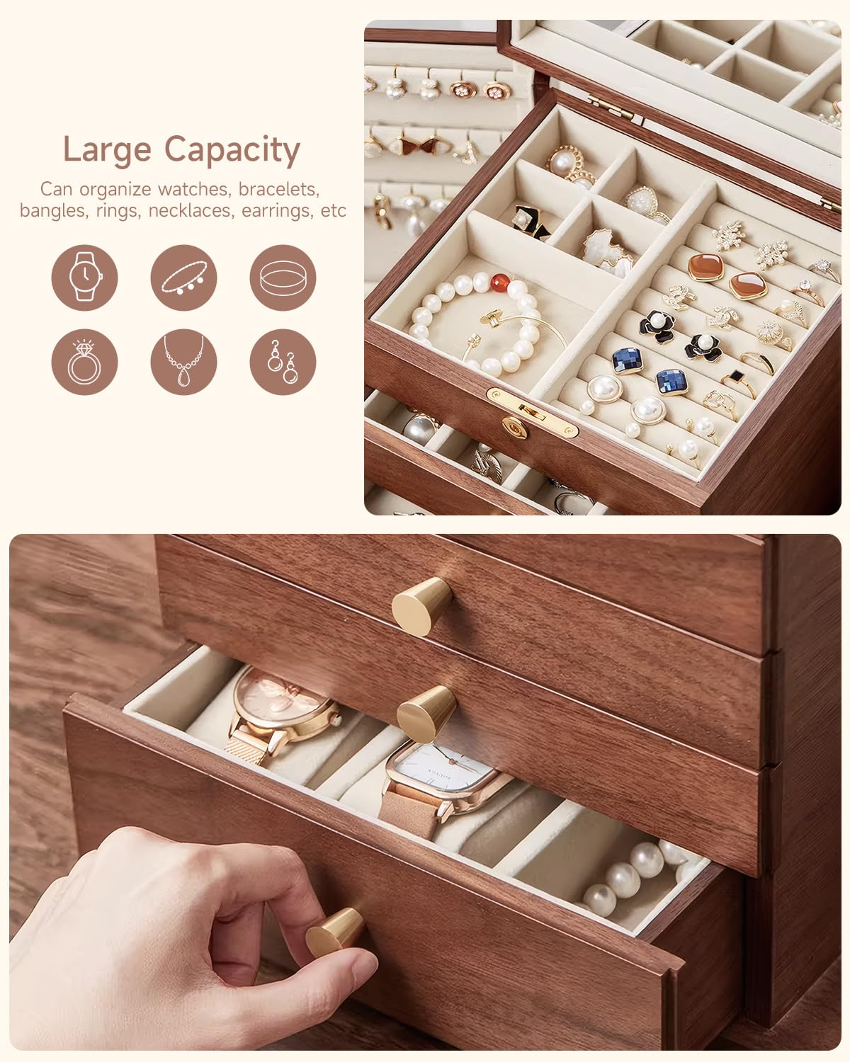 Homruilink Black Walnut Wooden Jewelry Box Wood Jewelry Organizer with 2 Side Doors Mirror Lockable Classical Style for Watch Necklace Ring Earring Storage, Fathers Day Gift-5 Layer