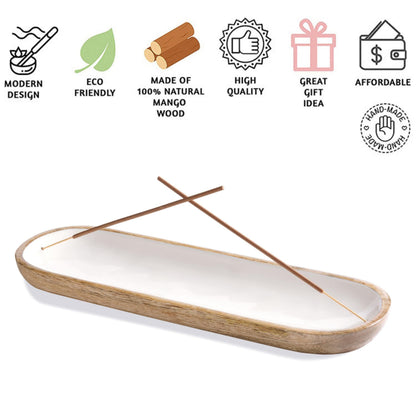 Folkulture Incense Holder for Home | Modern Incense Burner or Insence-Stick Holder for Gifts| Mango Wood Incense Tray Trough for Sticks 12 x 4 Inches, White