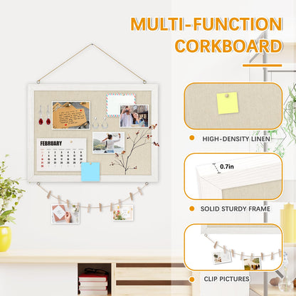 DOLLAR BOSS Bulletin Boards with Linen 1-Pack 16''X 12'' Double-Sided Cork Board for Walls Wood Framed Bulletin Boards, Small Pin Board for Home Kitchen Office Decorative Hanging 10 Pushpins