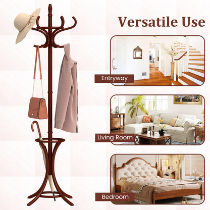 GOFLAME 73" Coat Rack Freestanding, Wooden Coat Tree with 12 Hooks and Umbrella Stand, Entryway Hall Tree, Hat Hanger Organizer, Coat Rack Stand for Coats, Hats, Scarves, Easy Assembly, Reddish Brown