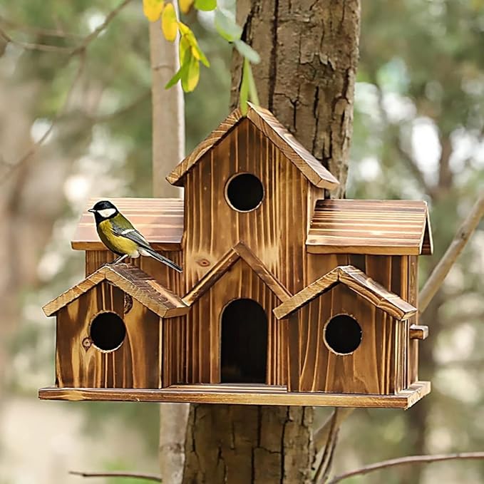 6 Hole Handmade Bird House, Bird Houses for Outside, Hummingbird House, Hanging Nest Box for Birds, Outdoor Wooden Birdhouses for Outside, Backyard, Garden, Patio, Nature Lovers Gift (2pcs)