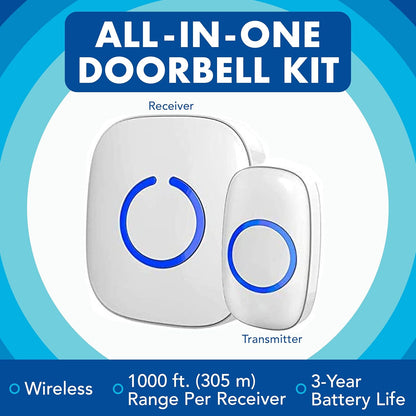 SadoTech Wireless Doorbells for Home, Apartments, Businesses, Classrooms, etc. - 1 Door Bell Ringer & 1 Plug-In Chime Receiver, Battery Operated, Easy-to-Use, Wireless Doorbell w/LED Flash, Black