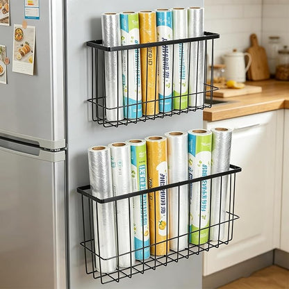 2 Pack Magnetic Aluminum Foil and Plastic Wrap Organizer,Wall Mounted Cabinet Door Organizer,Kitchen Pantry Organizers and Storage,Wrapping Paper Shelf for Sandwich, Freezer, Ziplock Bag, Black
