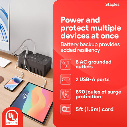 Staples TECH 650VA UPS Battery Backup with 8 Outlets – Standby Power Supply & Surge Protection for Computers, Routers & Home Office Electronics, Black