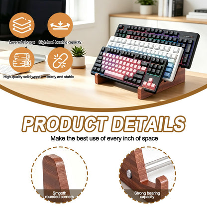 DHUJBFF 3-Tier Wood Keyboard Stand Detachable Display Rack for Mechanical Keyboards, Computer, Tablet, Desk Organizer with Sapele Wood, Easy Assembly, Strong Load Bearing for Office/Gaming