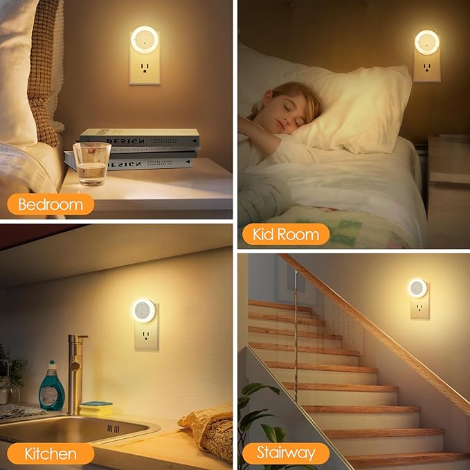 FOLKSMATE LED Night Lights Plug in, Dimmable Nightlight Plug Into Wall with Light Sensor, Soft White Adjustable for Adults, Bedroom, Bathroom, 4-Pack