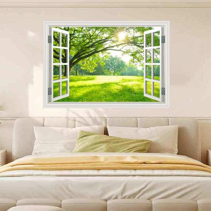 Natural Scenery Spring Green Forest Tree Scene Wall Art Poster Fake Window Wall Mural Faux Window Wall Sticker for Office Home Room Decor, Peel and Stick Wall Decals 48" x 66" Set of 4 Sheets