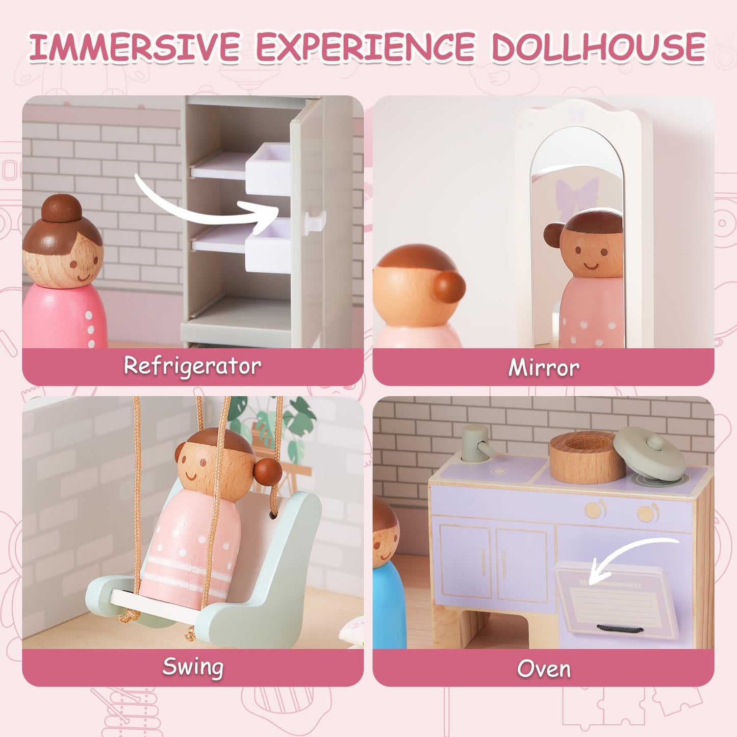 SainSmart Jr. Wooden Dollhouse for Girls, Modern Family Doll House with 37Pcs Furniture & Accessories, 3-Story Pretend Playhouse Toy Gift for Kids Ages 3+