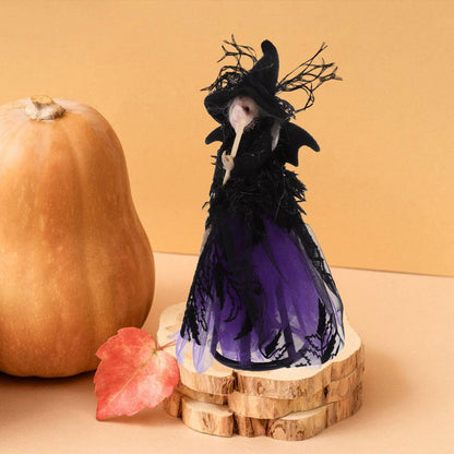 Alipis Halloween Witch Tree Topper, Black Witch Doll Ornament with Black Pointed Hat and Flying Broom Christmas Tree Top for Desktop Treetop Fireplace Halloween Decor