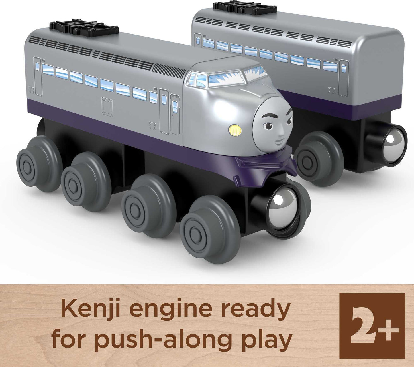 Thomas & Friends Wooden Railway, Kenji Engine and Coal Car, push-along train made from sustainably sourced wood for kids 2 years and up