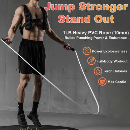 Weighted Jump Rope, 1LB Tangle-Free Ball Bearing Rapid Speed Skipping Rope for Men Women, Adjustable 9mm Cotton & PVC Rope with Alum Handle for Boxing MMA Weight-Loss Athletic Workout Fitness