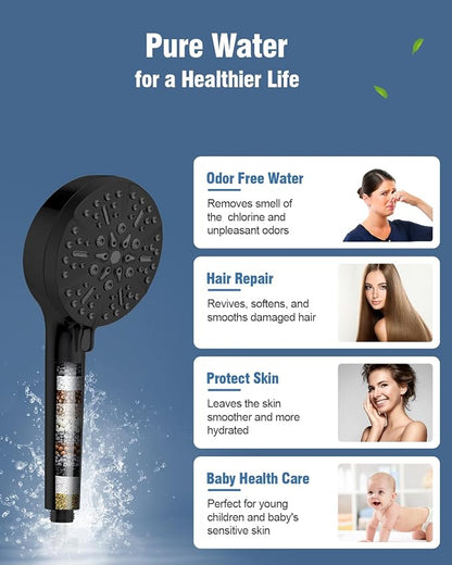 Filtered Shower Head with Handheld Matte Black, BOWGER 6 Modes High Pressure Shower Heads with Power Wash Mode and Hard Water Filter, Detachable Hand Held Showerhead Set with Extra Long Hose