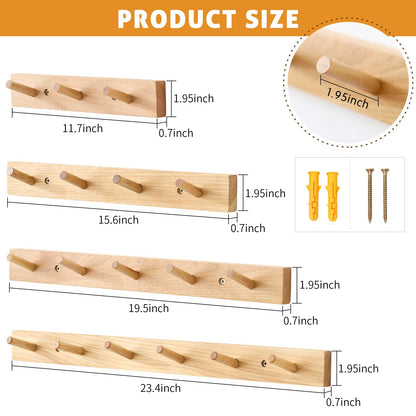 Wall Mounted Coat Rack 16 inches, Hickory Wood Wall Coat Hooks with 4 Hooks, Wooden Coat Hanger for Hanging Clothes Robes Towels Hats, Natural
