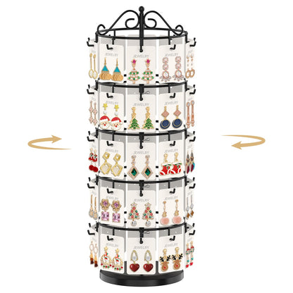 MODOWEY Earring Card Display Stand for Vendors, 50 Hooks Metal Rotating Organizer Rack Holder, 5 Tier Adjustable Jewelry Tree for Stud Pierced Dangle Selling, Boost Sales Compact Earing Hanger, Black
