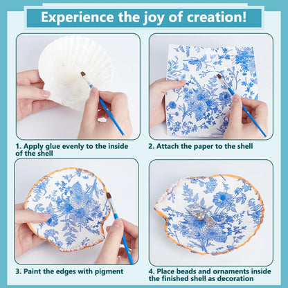 NBEADS Scallop Shells for Crafts, 15 Pcs Natural Shells 40 Pcs 8 Styles Decoupage Paper Napkins 4 Pcs Plastic Paint Strips and Brushes Decorative Paper for DIY Crafting Birthday Party