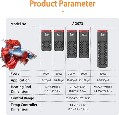 AQQA PTC Aquarium Heater 200W for Fish Tank 20-40 Gallon Digital Thermostat with External Controller Temp Range 59-94℉ with Overheat & Out-of-Water Auto Shut-Off Protection (200W for 20-40Gal)