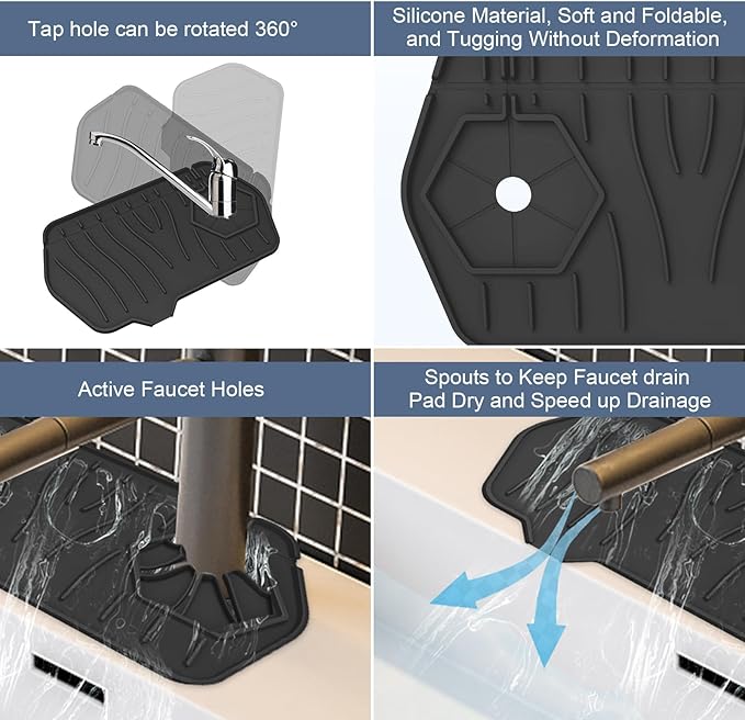 Sink Drain Mat Behind Faucet, Unilateral Faucet Guard Draining Mat, 90°