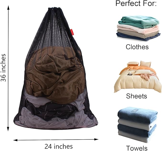 3 Pack Mesh Laundry Bags, 24 x 36 Inches Heavy Duty Drawstring Bag, Travel and