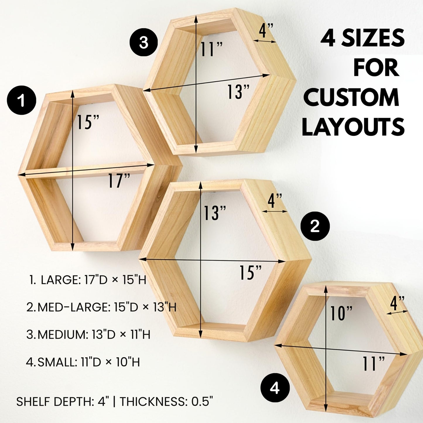 LABEND HOME Hexagon Floating Shelves Set of 4 - Solid Wood Wall Mounted Shelves - Honeycomb Geometric Display Shelves for Living Room, Bedroom, Kitchen - Natural Wood Finish -Includes Hardware & Level