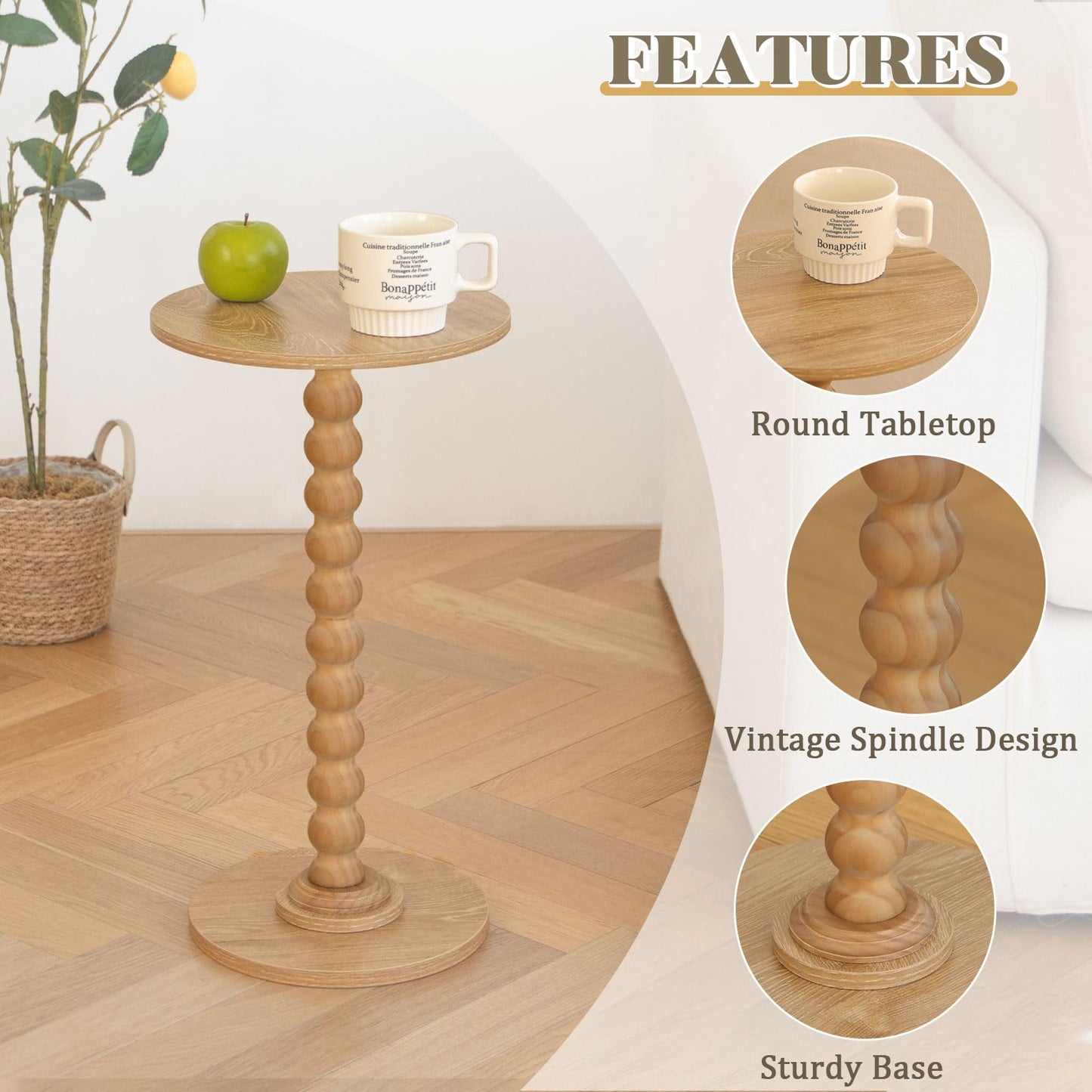 Fultyle Small Side Table, Drink Table for Small Spaces, Modern Martini Table with Solid Wood Leg, Round End Tables Living Room for Bedroom and Office (Rustic Walnut)