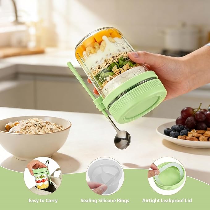 4 Pack Overnight Oats Containers with Lids and Spoons - 16 oz Glass Mason Jars with Dressing Cup, Over night Oat Jars for Meal Prep, Yogurt Parfait Cup for Chiaseed Salad (Green)