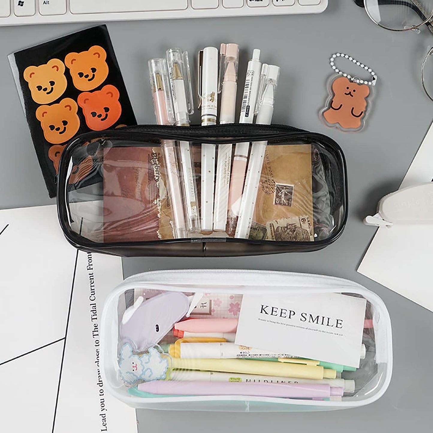WUWEOT 10 Pack Clear Pencil Case, PVC Pencil Bag Makeup Pouch, Big Capacity Travel Toiletry Bag with Zipper for Office Stationery and Travel Storage (Black+White)