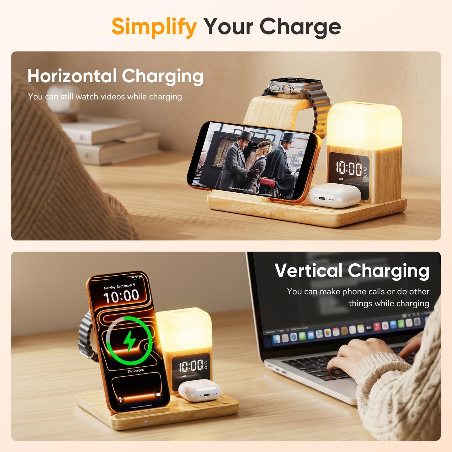 6 in 1 Wireless Charging Station with Clock & Night Light，Alarm Clocks for Bedrooms,Wireless Charger Stand with Beside Clock for iPhone 17/16/15/14/13/12 Pro Max, Apple Watch,Airpods (Wood)