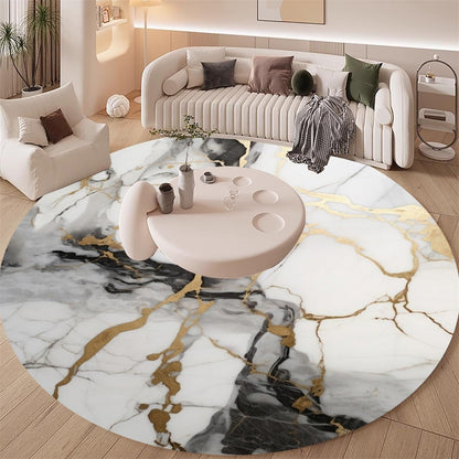 Unique Aesthetic Modern Abstract Black Grey Gold Marble Round Area Rug for Living Room Bedroom Guestroom Art Deco Luxury Circle Office Meetingroom Carpet Kitchen Nursery Playroom Floor Rug 6ft