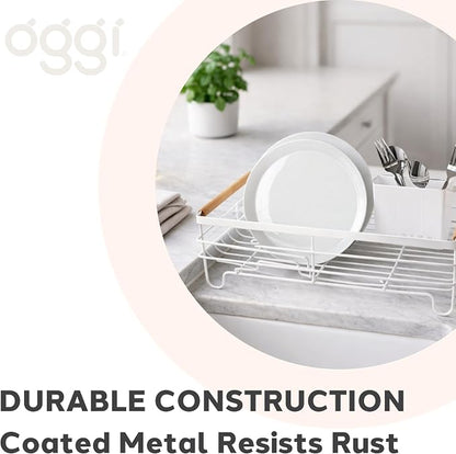 Oggi Large Dish Drying Rack - White & Bamboo Dish Drying Rack, Drying Rack Kitchen, Dish Rack, Dish Racks for Kitchen Counter, Durable Coated Metal Kitchen Drying Rack with Cutlery Holder