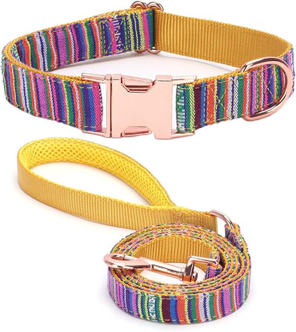 Dog Collar and Leash Set for Dogs Walking Bohemia Ethnic Style | Soft Durable Nylon Adjustable Collar with Metal Buckle 5ft Matching Leash with Padded Handle for Small Medium Large Dogs