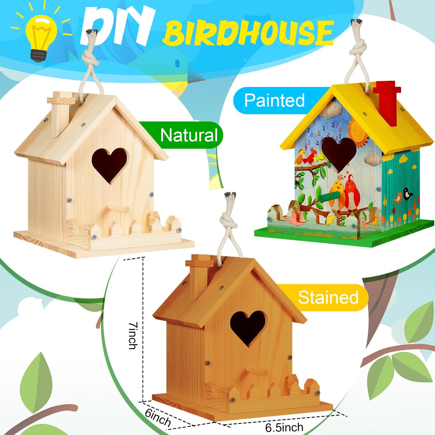 Juexica 4 Pack Wooden Birdhouse Kit DIY Buildable Bird House with Paint and Paintbrushes Art and Crafts Painting Kits for Boys Girls Adults Classroom Projects Gift Birthday Outdoor Craft(Heart)
