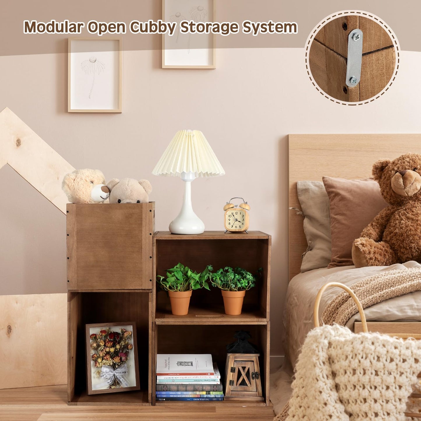 Menkxi 4 Pcs Stackable Wood Storage Cube for Shelves Closet Wooden Bins Box Wood Crates Storage Baskets Container for Toy Books Clothes Home Office, Dark Brown(14 x 10 x 10 Inch)