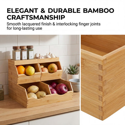 CENCODE Bamboo Pantry Storage Bins Set 5 Pieces - Stackable Baskets, Potato and Onion Storage, Bamboo Wood Storage Bins for Pantry Baskets Organization and Storage, Kitchen Essential