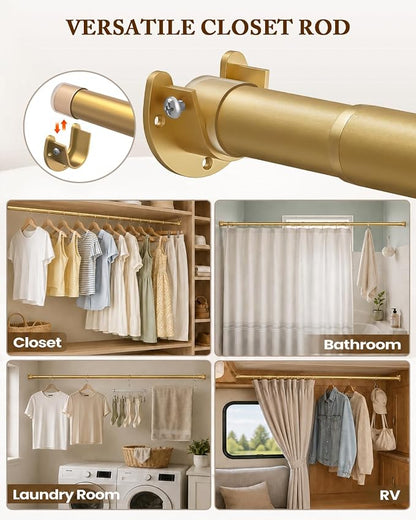 Heavy Duty Closet Rod, 17-39 IN Closet Rods for Hanging Clothes, Gold | Stepless Adjustable, Supports up to 66 lbs, Multiple Size Options, Easy Installation, Multi Purpose , Wall-Mounted