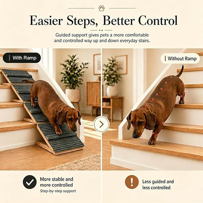 6 Pack Dog Ramp for Stairs – Solid Wood Adjustable & Foldable, 4 Heights, Non-Slip Silicone Base, Traction Felt, Raised Pause Strip, 35lb for Small & Senior Dogs