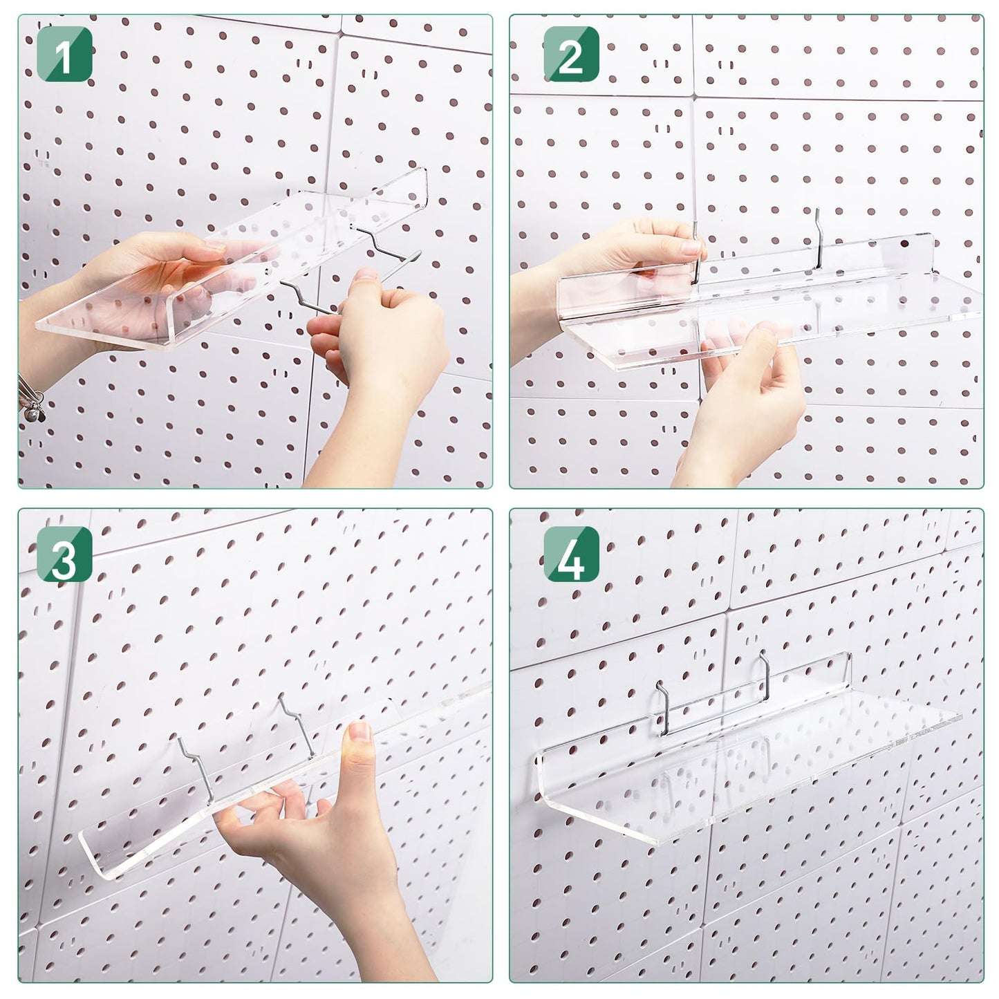 Lounsweer 4 Set Pegboard Shelf Clear Acrylic with Metal Hooks Organizer Accessories Storage for Pegboard Display Wall Craft Room Home Garage Nursery Kitchen Workbench(L Shape,12 x 4 Inch)